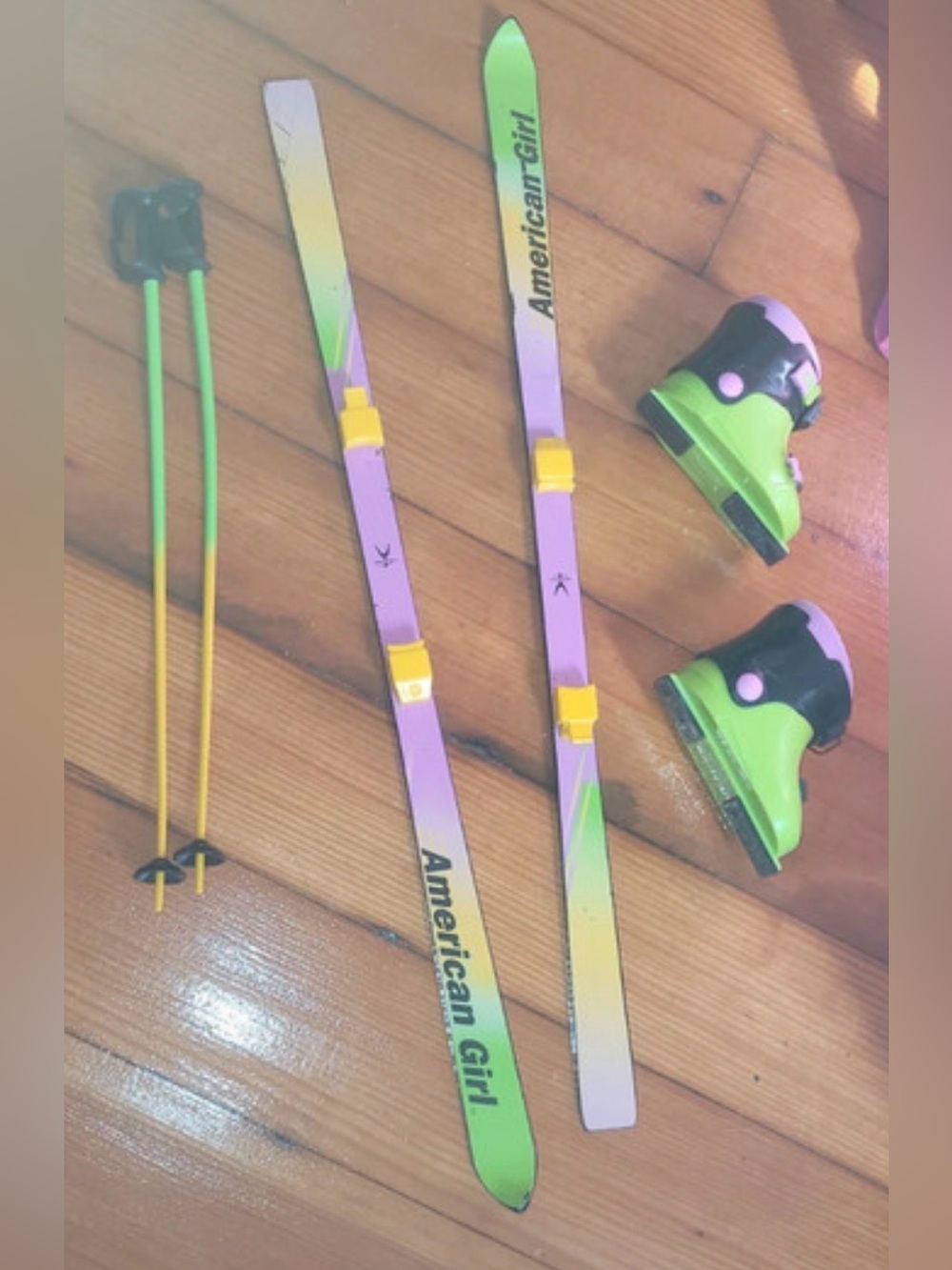 Vintage American Girl Lime Green and Lavender Kids Ski Set with Yellow Accents